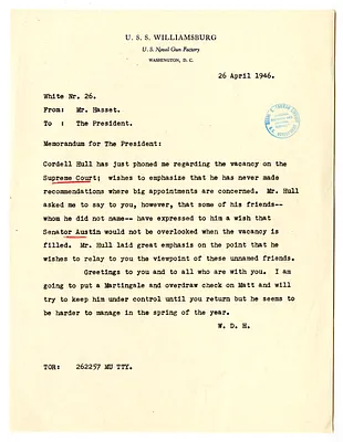Message from William D. Hassett to President Harry S. Truman