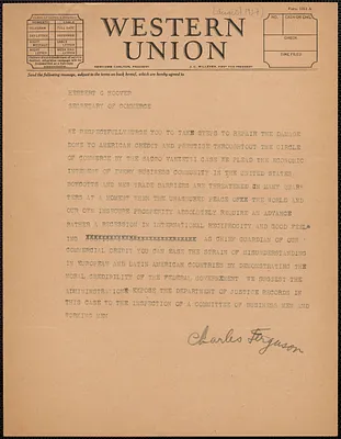 Charles Ferguson telegram (copy) to Herbert C. Hoover, [New York, N. Y., August 1927]