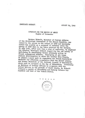 Press Release, Citation for Legion of Merit for Georges Bidault