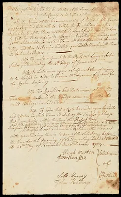 Call for town meeting; agenda (provide firewood for Rev. Lyman), 1784. Signed by Elijah Morton, Jonathan Ellis, Seth Murray, John Hastings