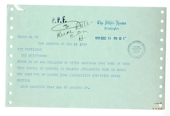 Telegram from John Halperin to President Harry S. Truman