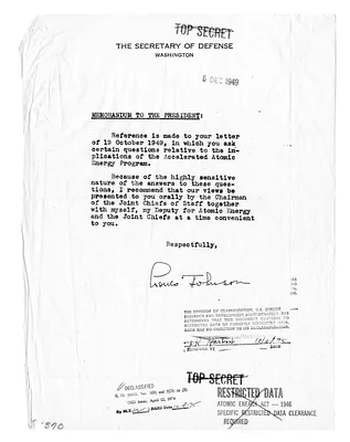 Memorandum from Secretary of Defense Louis Johnson to President Harry S. Truman