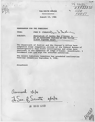 Memo from Fred Fielding to the President, re Nomination of Sandra Day O'Connor to be An Associate Justice of the United States Supreme Court