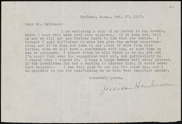 Jessica Henderson typed note signed to Aldino Felicani, Wayland, Mass., October 2, 1927