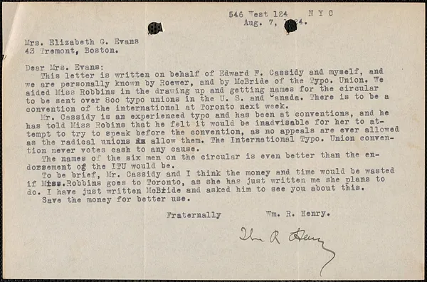 W[illiam] R. Henry typed letter signed to Elizabeth G[lendower] Evans, New York, N. Y., August 7, 1924
