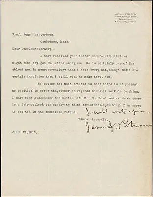 Putnam, James Jackson, 1846-1918 typed letter signed to Hugo Münsterberg, Boston, 29 March 1910