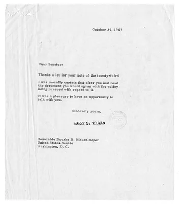 Correspondence Between President Harry S. Truman and Senator Bourke B. Hickenlooper