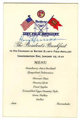 Menu for the President's Breakfast to His Comrades of Battery D