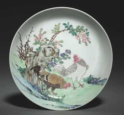 Dish with Two Cocks in Landscape