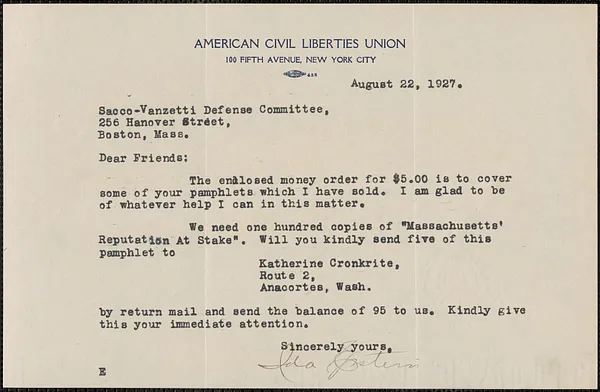 Ida Epstein (American Civil Liberties Union) typed letter signed to Sacco-Vanzetti Defense Committee, New York, N. Y., August 22, 1927