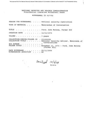 November 11, 1974 - Ford, John McCone (Former DCI)