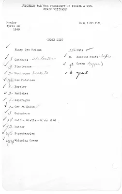 Shopping List for Luncheon for the President of Israel and Mrs. Chaim Weizmann