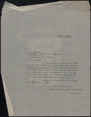 Sacco-Vanzetti Defense Committee typed letter (copy) W. Andrews (South African Trades Union Congress), Boston, Mass., February 17, 1927