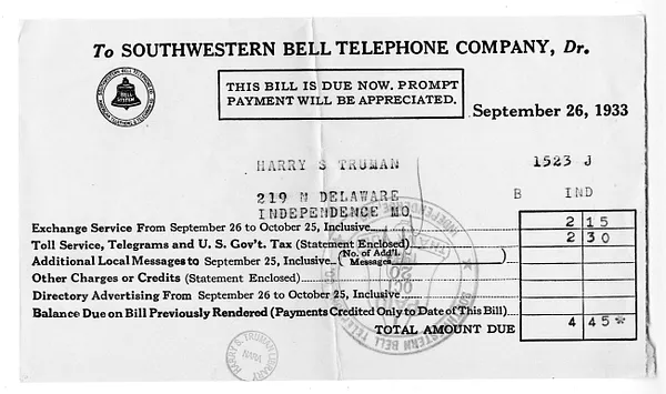 Bill from Southwestern Bell Telephone Company to Harry S. Truman