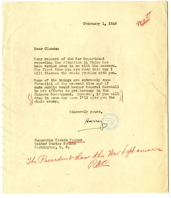 Letter from President Harry S. Truman to Senator Claude Pepper