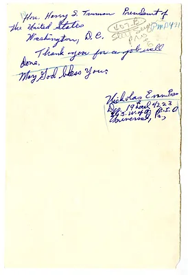 Letter from Nickolas Evan to President Harry S. Truman