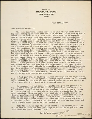 Theodore Debs typed letter signed to Bartolomeo Vanzetti, Terre Haute, Ind., 15 July 1927