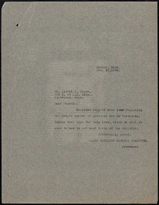 Sacco-Vanzetti Defense Committee typed note (copy) to Albert F. Coyle (Brotherhood of Locomotive Engineers Journal), Boston, Mass., December 13, 1926