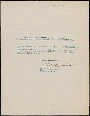Ned Rasovich typed note signed to Sacco-Vanzetti Defense Committee, Muskegon, Mich., [May 30?, 1927]