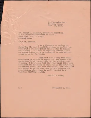 Creighton J. Hill typed letter (copy) to Robert A. Bakeman (Civil Liberties Committee of Massachusetts), Boston, Mass., November 18, 1930