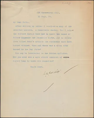 S. K. Ratcliffe autograph letter signed to Felix [Frankfurter], September 10, 1929