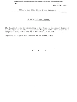 President Transmits to Congress the Annual Report of the President on the Trade Agreements Program 1975