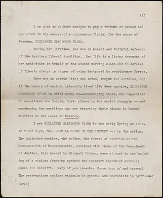 Typescript: [Tribute to Elizabeth Glendower Evans, Boston, Mass., 1930-1934?]