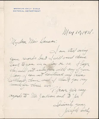 Joseph Lilly (Brooklyn Daily Eagle) autograph note signed to Mary Donovan, [Brooklyn, N.Y.], May 10, 1927