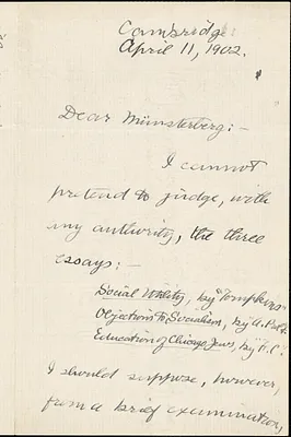 Royce, Josiah, 1855-1916 autograph letter signed to Hugo Münsterberg, Cambridge, Mass., 11 April 1902