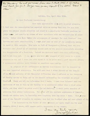 Jastrow, Joseph, 1863-1944 typed letter signed to Hugo Münsterberg, Madison, Wis., 24 April 1906