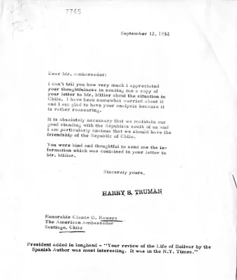 Letter from Ambassador Claude Bowers to President Harry S. Truman, with Attachment