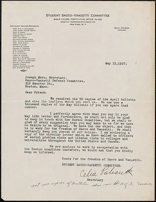 Celia Polisuk (Student Sacco-Vanzetti-Committee) typed letter signed to Joseph Moro, New York, N.Y., May 15, 1927