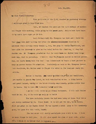 Bartolomeo Vanzetti typed letter (copy) to Mary Donovan, [Charlestown], 24 October 1926