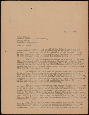 Sacco-Vanzetti Defense Committee typed letter (copy) to James A. Duncan (Central Labor Council), Boston, Mass., June 5, 1922