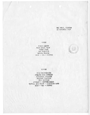 Menu for President Harry S. Truman's  Visit to Key West, Florida