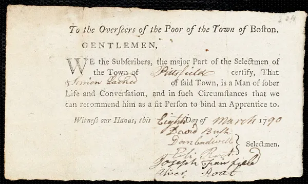 Johannah Spooner [Spoonner] indentured to apprentice with Simon Larned of Pittsfield, 15 February 1790