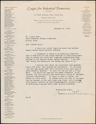 Norman Thomas (League for Industrial Democracy) typed letter to Joseph Moro, New York, N.Y., February 21, 1927