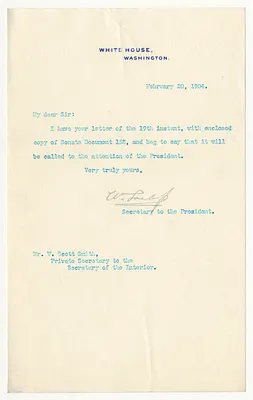 Letter from William Loeb to W. Scott Smith, Private Secretary to the Secretary of the Interior