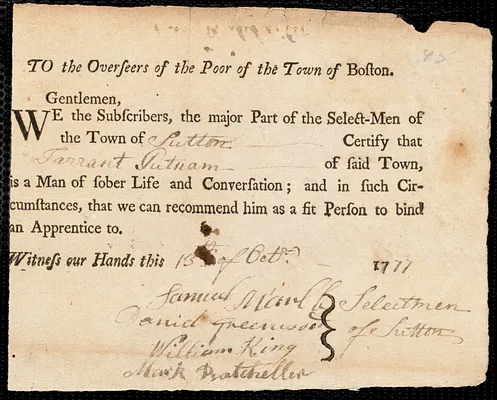 John Taylor indentured to apprentice with Tarrant Putnam of Sutton, 3 October 1777