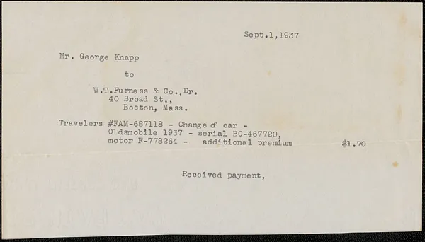 Receipt from W. T. Furness & Co. for Mr. George Knapp, Sept. 1, 1937