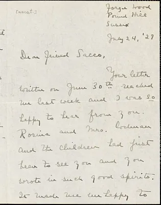 Gertrude L. Winslow autographed letter signed to Nicola Sacco, Forge Wood, Eng., 24 July 1927