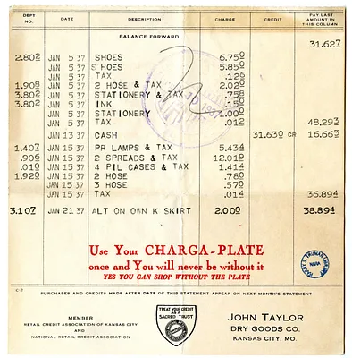 Bill from John Taylor Dry Goods Company