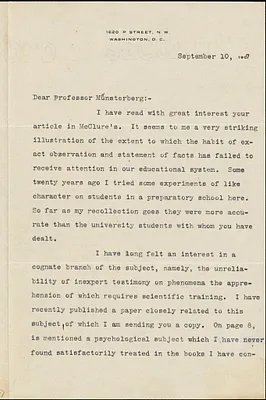 Newcomb, Simon, 1835-1909 typed letter signed to Hugo Münsterberg, Washington, 10 September 1907