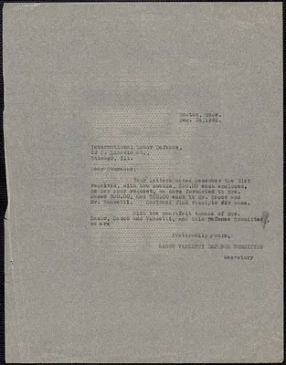Sacco-Vanzetti Defense Committee typed note (copy) to International Labor Defense, Boston, Mass., December 24, 1926