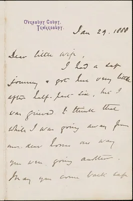 [John Biddulph Martin] autograph note to [Victoria Woodhull Martin], Tewkesbury, [England], January 29, 1888
