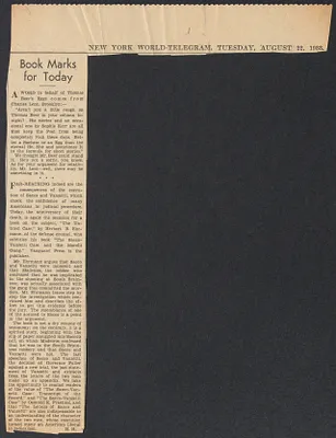 Herbert Brutus Ehrmann Papers, 1906-1970. Sacco-Vanzetti. Clippings, 1930s: loose clippings of reviews. Box 3, Folder 5, Harvard Law School Library, Historical & Special Collections