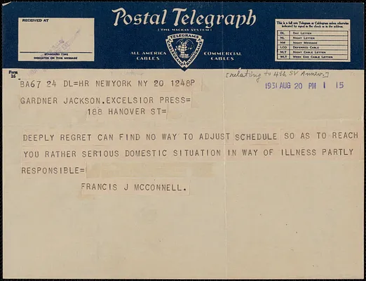 Francis J. McConnell telegram to Gardner Jackson, New York, N. Y., August 20, 1931