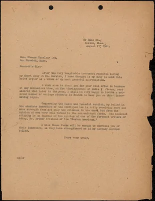 Typed letter (copy) to Hon. Thomas Zanslaur Lee, Boston, Mass., August 17, 1921