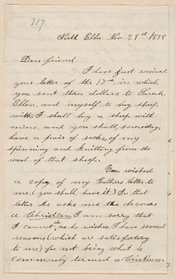 Annie Brown Adams autograph letter signed to Thomas Wentworth Higginson, North Elba, [N.Y.], 29 November 1859