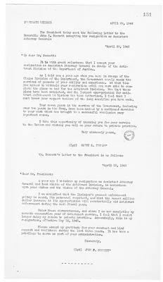 White House Press Release, Correspondence Between President Harry S. Truman and John F. Sonnett